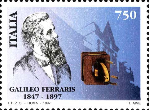 Francobollo Ritratto di Galileo Ferraris e Motore a Campo Magnetico Rotante -  1997