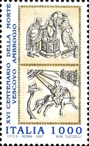 Francobollo Battesimo di Sant'Ambrogio e la Mano di Dio che Richiama Sant'Ambrogio a Milano -  1997