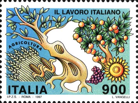Francobollo Sagoma dell'Italia Contornata da Prodotti dell'Agricoltura -  1997