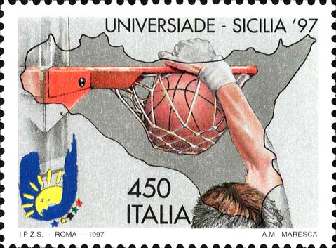 Francobollo Sagoma della Sicilia e Pallacanestro -  1997