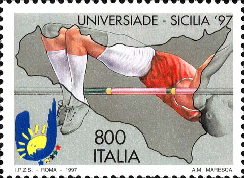 Francobollo Sagoma della Sicilia e Salto in Alto -  1997