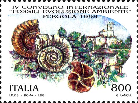 Francobollo Fossili e Veduta di Pergola -  1998