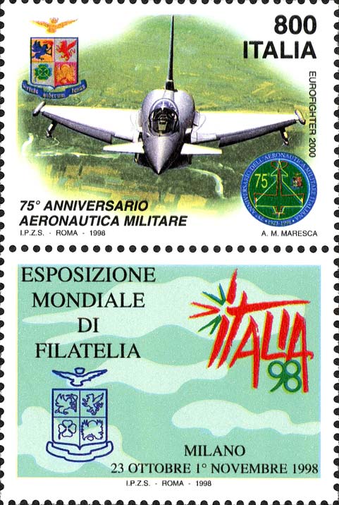 Francobollo Velivolo "Eurofighter 2000", Stemma dell'Aeronautica e dell'Esposizione Mondiale -  1998