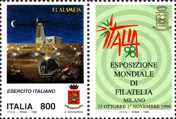 Francobollo Campo di Battaglia di El Alamein, Stemma dell'Esercito e dell'Esposizione Mondiale -  1998