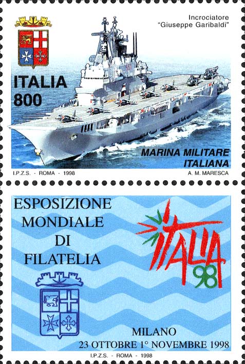 Francobollo Portaerei "Giuseppe Garibaldi", Stemma della Marina e dell'Esposizione Mondiale -  1998
