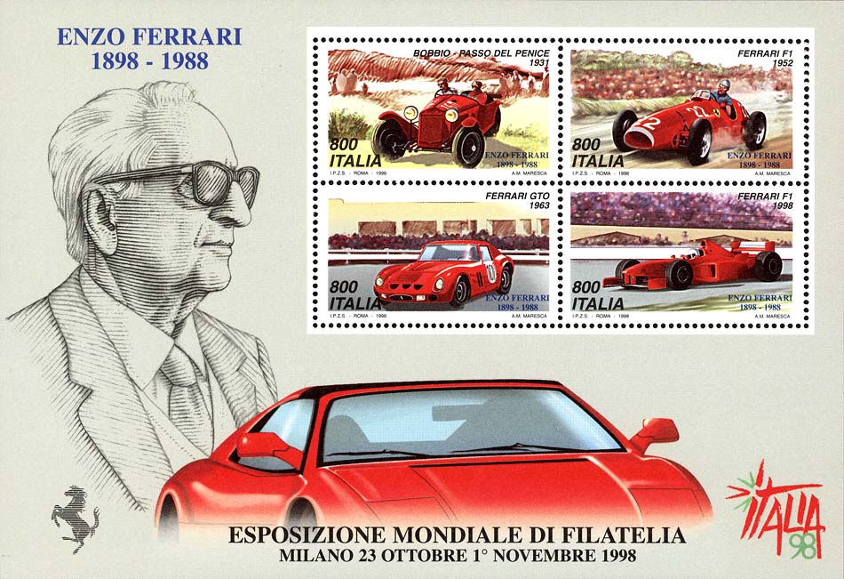 Francobollo Enzo Ferrari e Modelli di Autovetture -  1998