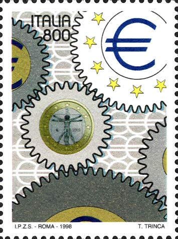 Francobollo Ingranaggi, Simbolo dell'Euro e Moneta da 1 Euro -  1998