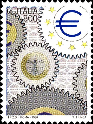 Francobollo Ingranaggi, Simbolo dell'Euro e Moneta da 1 Euro - Autoadesivo -  1998