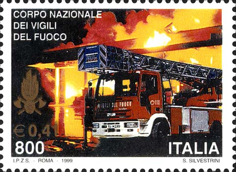 Francobollo Mezzo dei Vigili del Fuoco ed Incendio -  1999