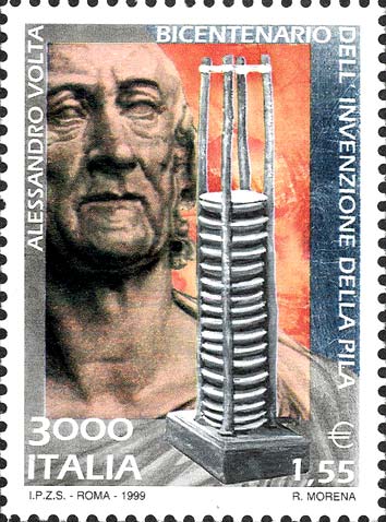 Francobollo Ritratto di Alessandro Volta e la Prima Pila -  1999