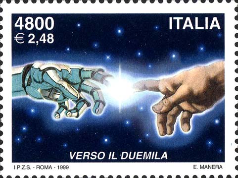 Francobollo Mano Robotica che si Tocca con Mano Umana -  1999