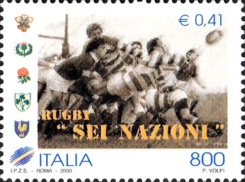 Francobollo Azione di Rugby e Stemmi delle Squadre Partecipanti al Torneo -  2000