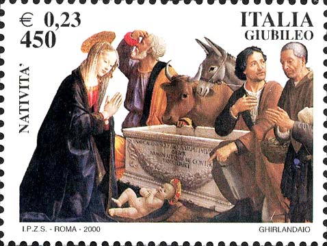 Francobollo Affresco "Natività di Cristo con Adorazione dei Pastori e Venuta dei Magi" del Ghirlandaio -  2000