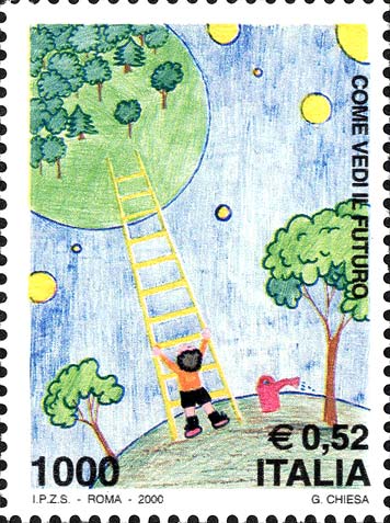 Francobollo Bambino e Scala che Unisce la Terra con un Altro Pianeta -  2000