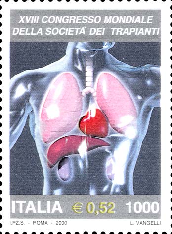 Francobollo Corpo Umano con, Evidenziati, gli Organi più Trapiantati -  2000