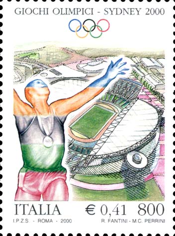 Francobollo Atleta Esultante e Stadio Australia, a Sidney -  2000