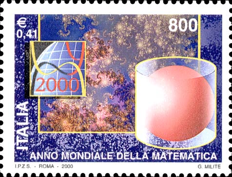 Francobollo Logo dell'Anno Mondiale della Matematica, Sfera Inscritta in un Cilindro e Figure Frattali -  2000