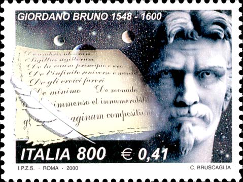 Francobollo Ritratto di Giordano Bruno e Pergamene coi Titoli delle sue Opere -  2000
