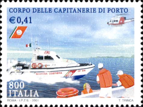 Francobollo Motovedetta ed Elicottero nel Corso di un Salvataggio in Mare -  2001