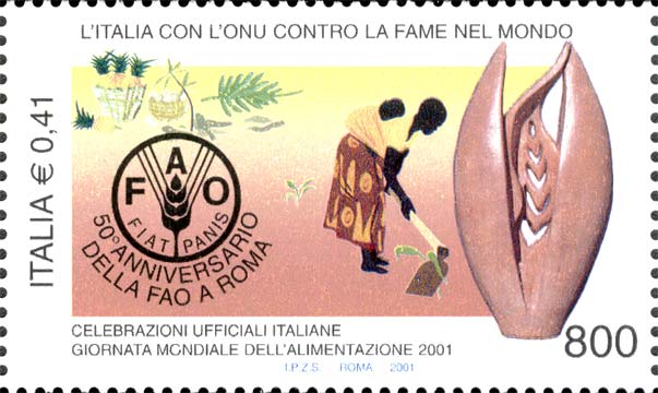 Francobollo Logo della FAO e Donna di Colore che Lavora la Terra -  2001