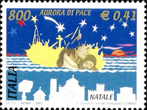 Francobollo Peschereccio Stracolmo di Profughi, Madre che Stringe il Figlioletto e Stella Cometa -  2001