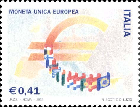 Francobollo Simbolo dell'Euro, Cartina dell'Europa e Bandiere Europee -  2002