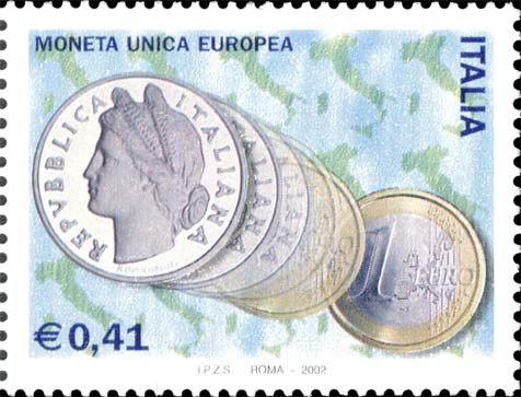 Francobollo Moneta Italiana e Moneta da 1 Euro -  2002