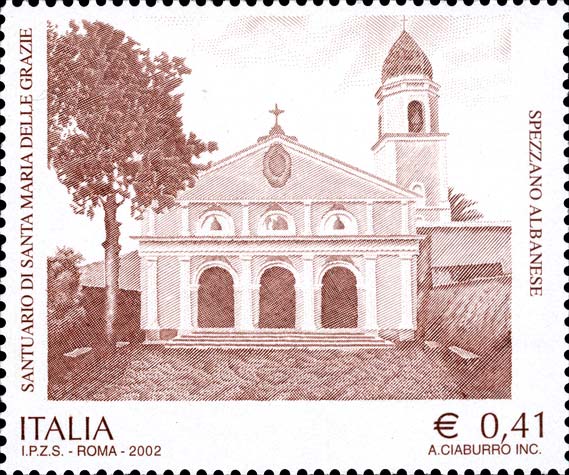 Francobollo Vista Frontale del Santuario di Santa Maria delle Grazie, a Spezzano Albanese -  2002