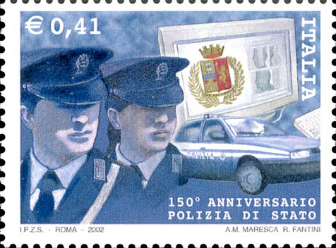 Francobollo Due Agenti di Polizia, Volante e Schermo di un Computer con lo Stemma della Polizia -  2002