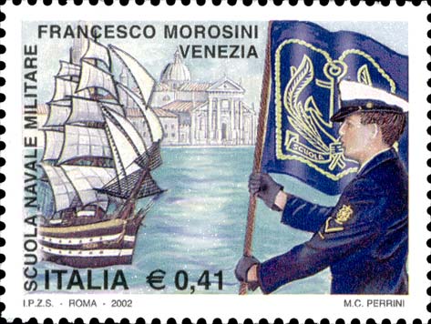 Francobollo Nave Scuola Amerigo Vespucci, Vista di Venezia e Allievo che Porta le Insegne della Scuola -  2002