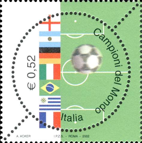 Francobollo Campo e Pallone di Calcio, Bandiere dei Paesi Vincitori del Campionato del Mondo -  2002