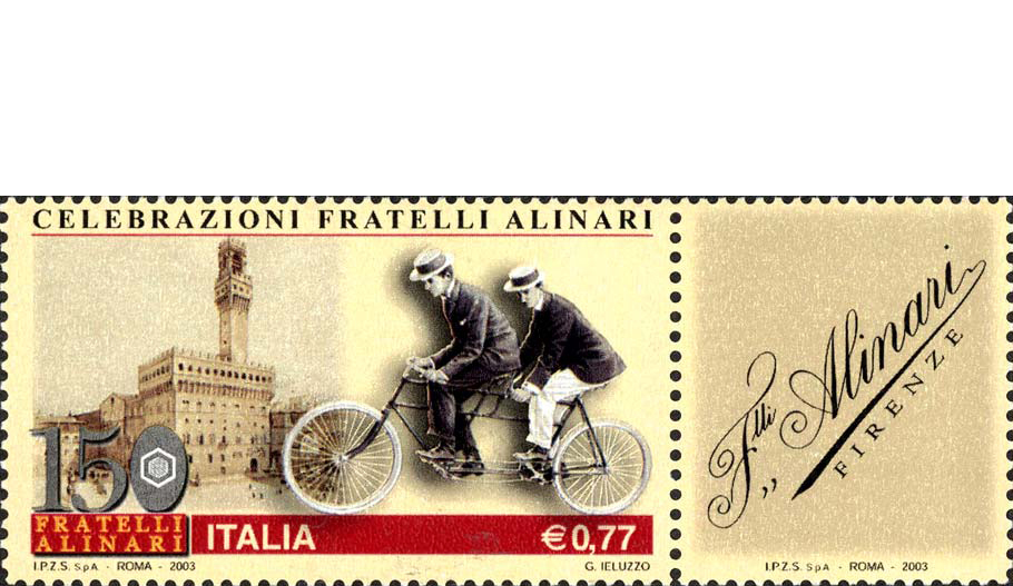 Francobollo Palazzo Vecchio di Firenze e due Uomini in Tandem -  2003