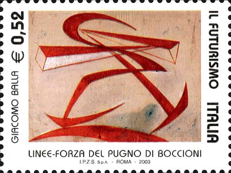 Francobollo Dipinto "Linee-Forza del Pugno di Boccioni", di Giacomo Balla -  2003