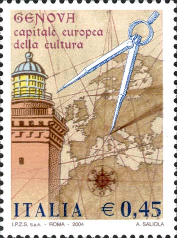 Francobollo Lanterna di Genova, Mappa e Compasso -  2004