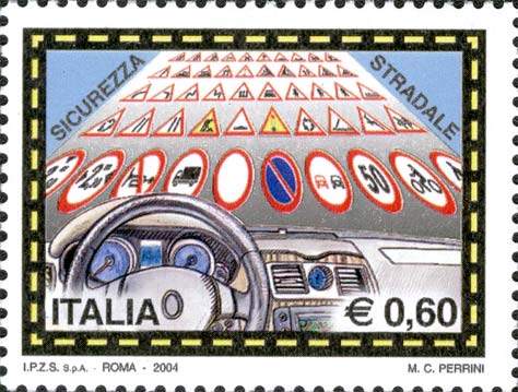 Francobollo Segnali Stradali e Cruscotto di un'Auto -  2004