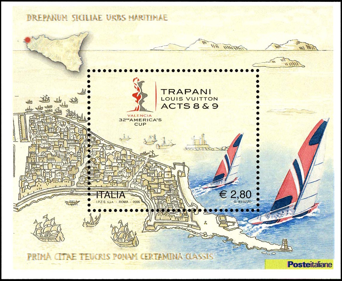 Francobollo Mappa di Trapani e Imbarcazioni (Blocco Foglietto) -  2005