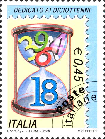 Francobollo Clessidra con Cifre e Numero 18 (Azzurro) -  2006