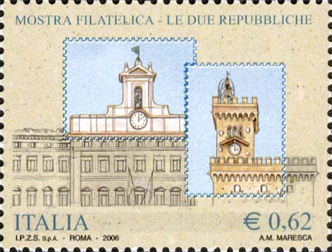 Francobollo Palazzo Montecitorio e Palazzo Pubblico sul Monte Titano -  2006