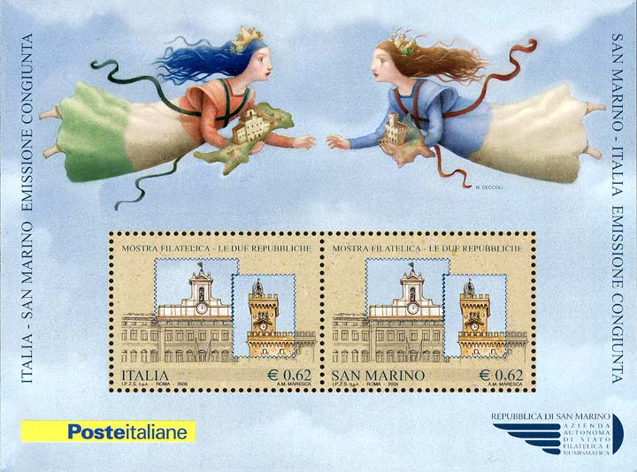 Francobollo Palazzo Montecitorio e Palazzo Pubblico sul Monte Titano -  2006