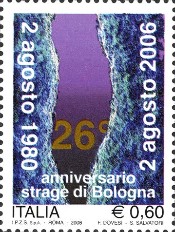 Francobollo Squarcio nel Muro Provocato dall'Esplosione della Bomba nella Sala d'Attesa della Stazione Ferroviaria di Bologna -  2006