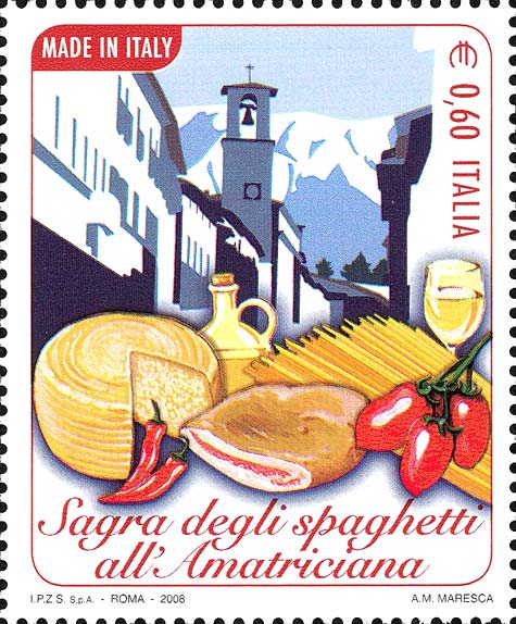Francobollo Ingredienti degli Spaghetti all'Amatriciana e Città di Amatrice -  2008
