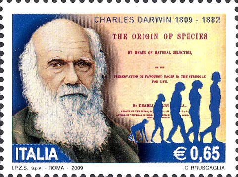 Francobollo Ritratto di Charles Darwin e Frontespizio della sua Opera "L'Origine delle Specie" -  2009