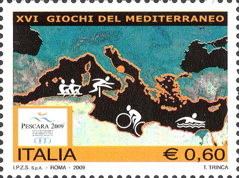 Francobollo Mappa del Mediterraneo e Simboli di Discipline Sportive -  2009