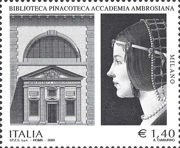 Francobollo Facciata della Pinacoteca e Ritratto di Dama, Opera di Giovanni Ambrogio de Predis -  2009