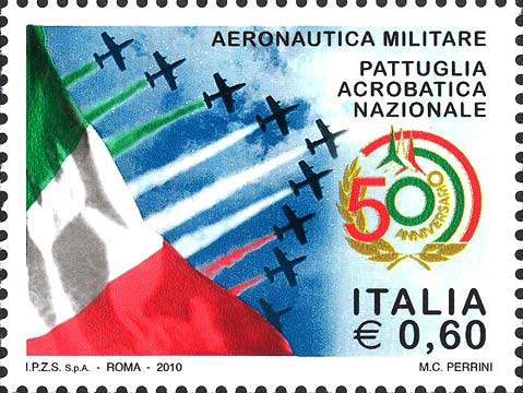 Francobollo Bandiera Italiana e Aerei dalla Pattuglia Acrobatica Nazionale -  2010