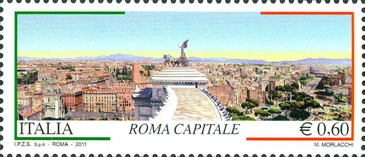 Francobollo Roma dalle Quadrighe del Vittoriano: dal Quirinale al Colosseo, Opera di M. Morlacchi -  2011