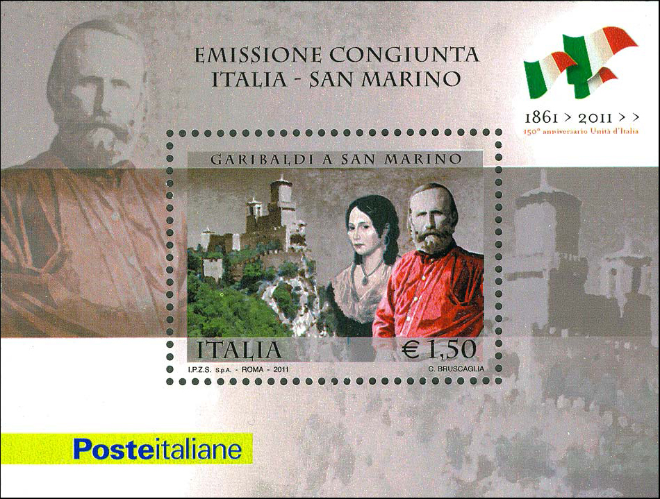 Francobollo Giuseppe Garibaldi, Anita e Rocca di San Marin (Blocco Foglietto) -  2011