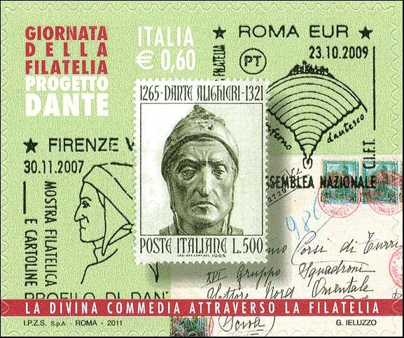 Francobollo Francobollo di Dante Alighieri del 1965 e Annulli Commemorativi -  2011