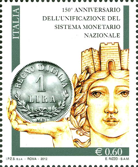 Francobollo Moneta da 1 Lira e Italia Turrita -  2012