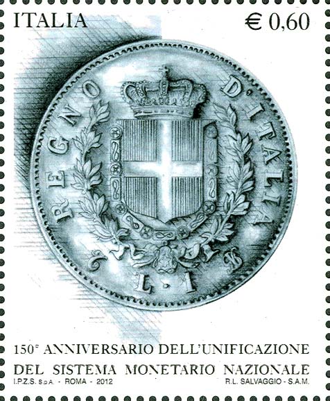 Francobollo Moneta da 1 Lira del 1862 -  2012